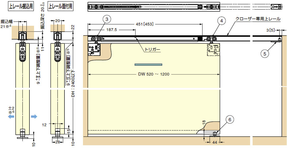 FD35EV シングルソフトクローザー仕様 引戸 納まり寸法例
